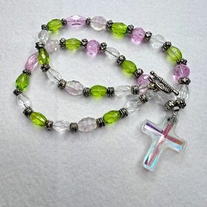 Iridescent Glass Cross Pendant Beaded Necklace Pink Green Clear Silver Tone 20"
